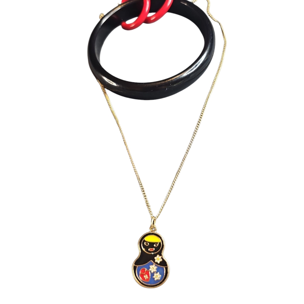 Gold and Black Matryoshka Pendant Necklace Set Red Hoops Navy Bangle